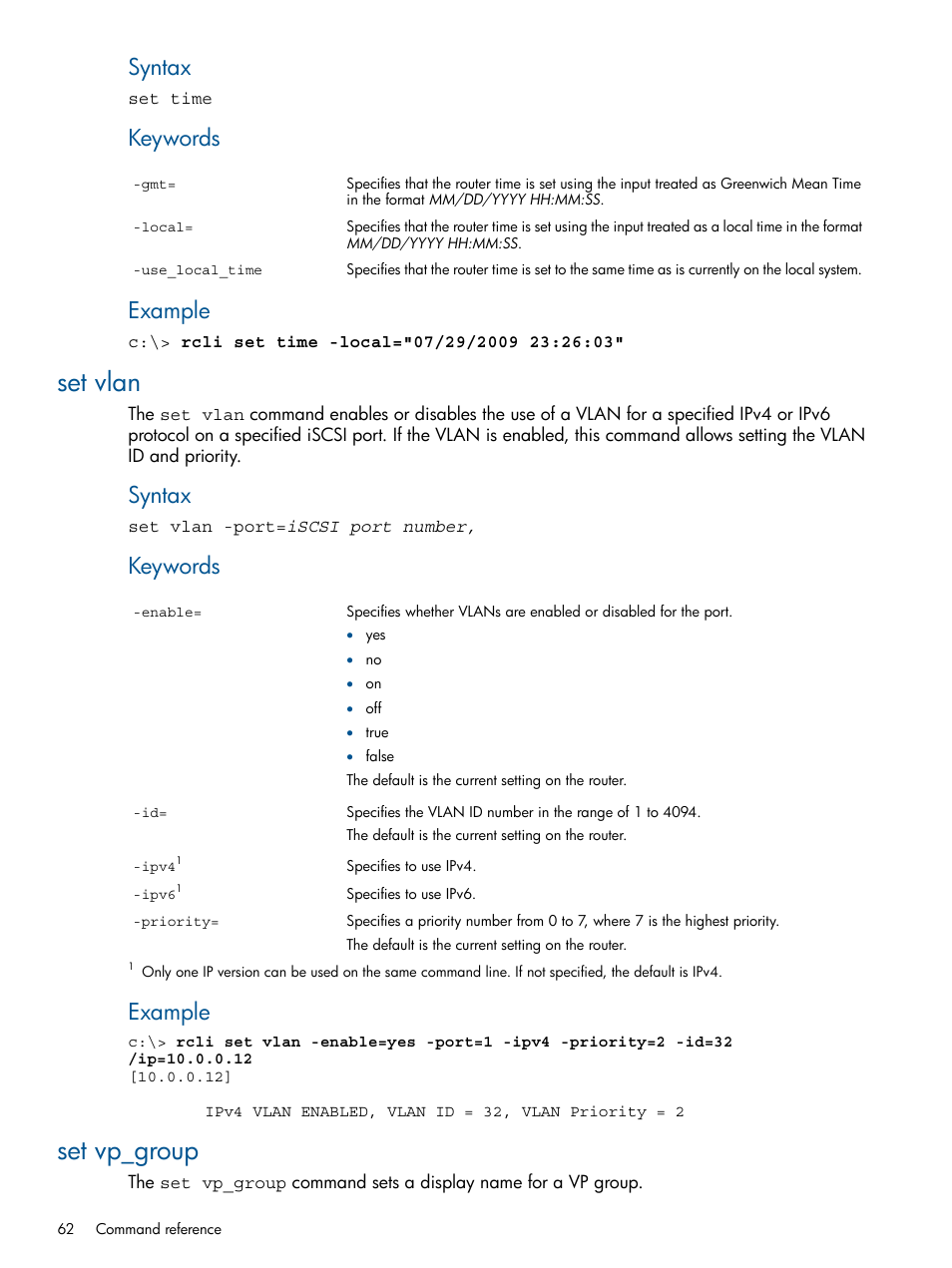 Set vlan, Set vp_group, Set vlan set vp_group | Syntax, Keywords, Example | HP MPX200 Multifunction Router User Manual | Page 62 / 120