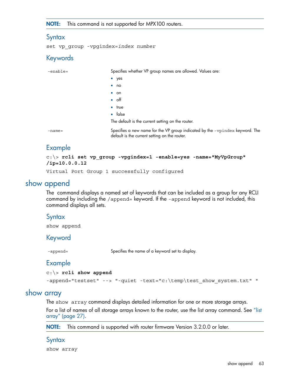 Show append, Show array, Show append show array | Syntax, Keywords, Example, Keyword | HP MPX200 Multifunction Router User Manual | Page 63 / 120