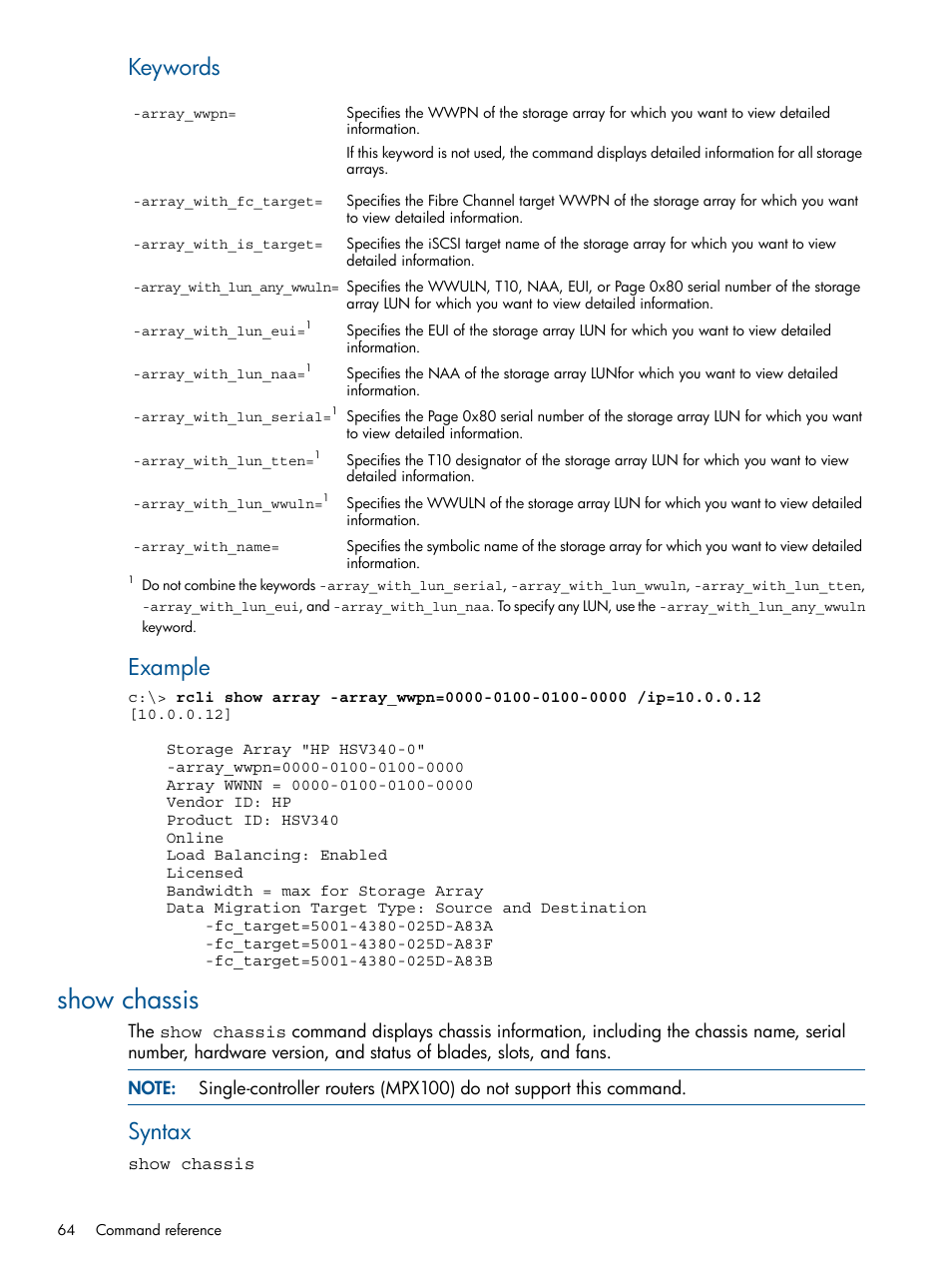 Show chassis, Keywords, Example | Syntax | HP MPX200 Multifunction Router User Manual | Page 64 / 120