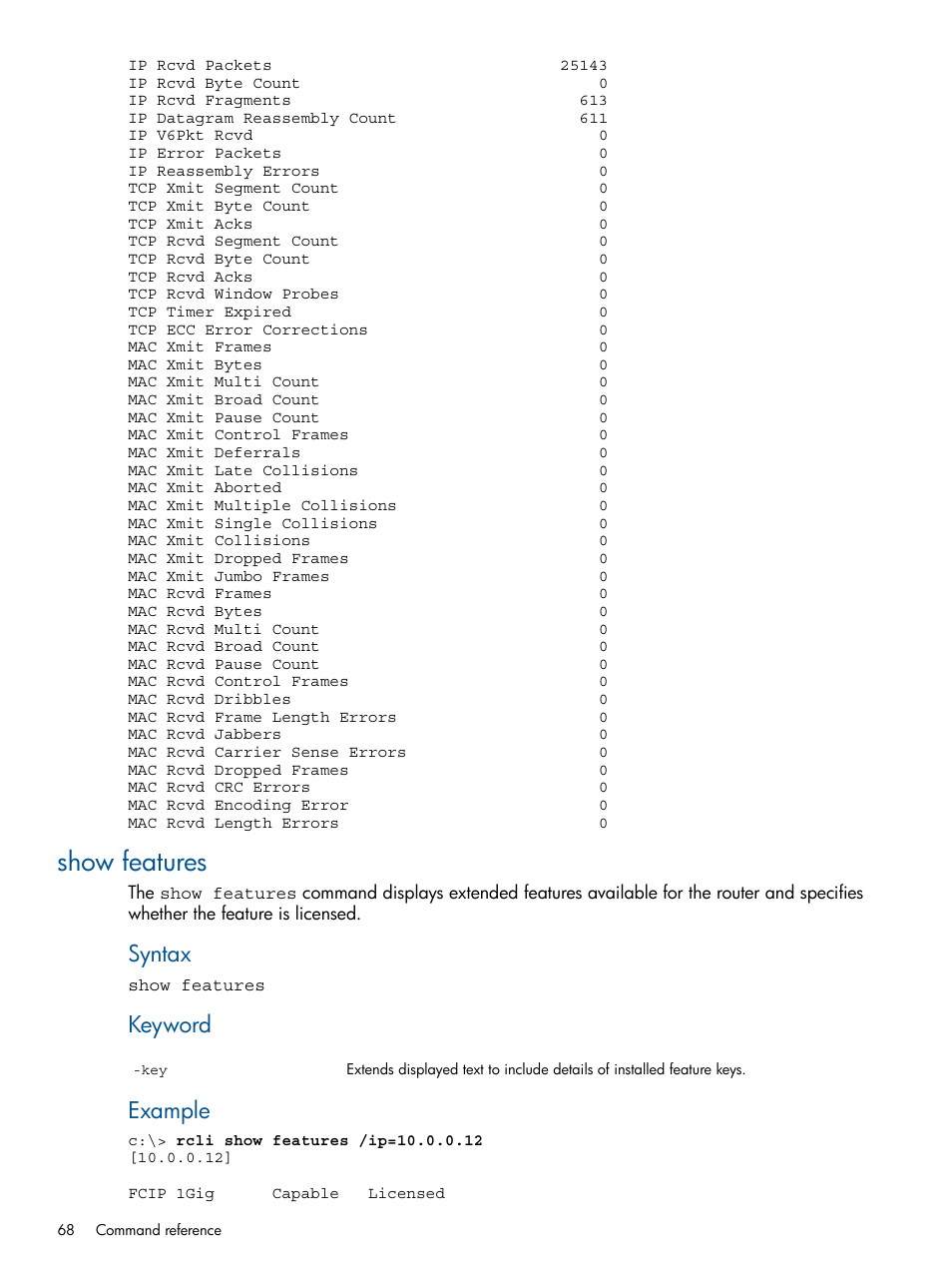 Show features, Syntax, Keyword | Example | HP MPX200 Multifunction Router User Manual | Page 68 / 120