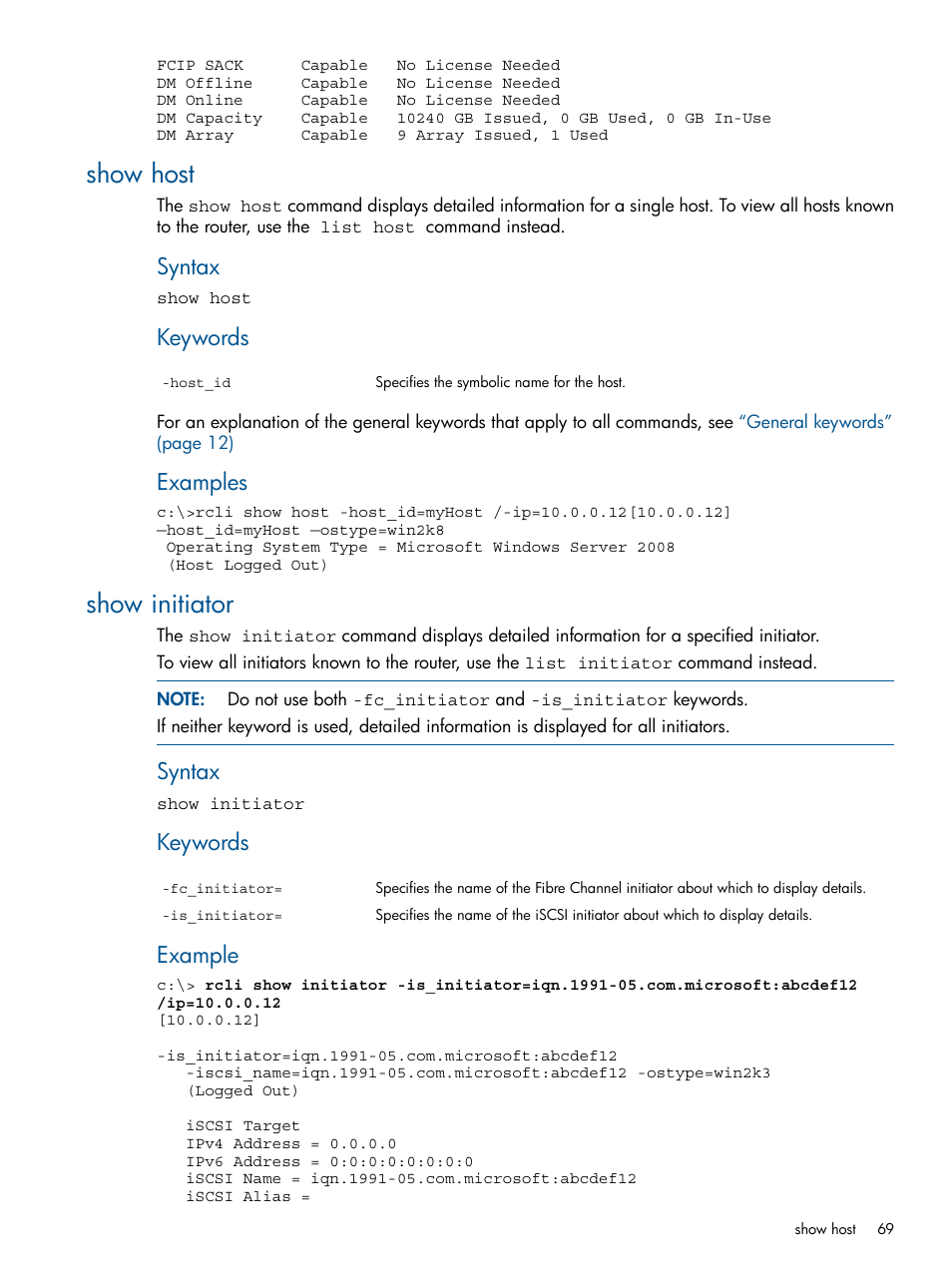 Show host, Show initiator, Show host show initiator | Syntax, Keywords, Examples, Example | HP MPX200 Multifunction Router User Manual | Page 69 / 120