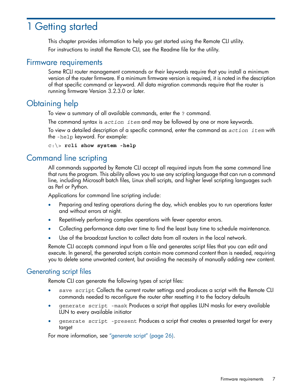 1 getting started, Firmware requirements, Obtaining help | Command line scripting, Generating script files | HP MPX200 Multifunction Router User Manual | Page 7 / 120