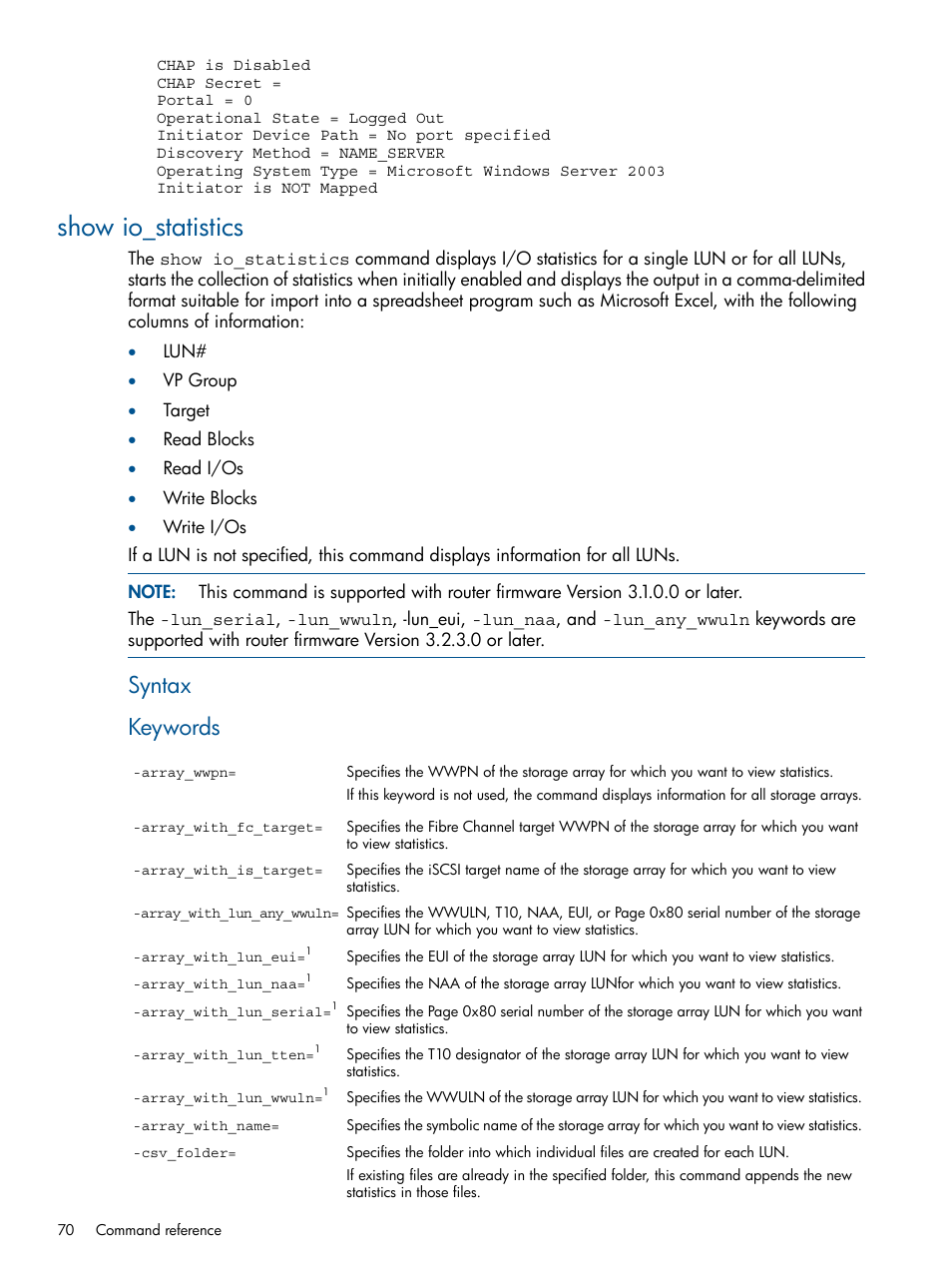 Show io_statistics, Syntax keywords | HP MPX200 Multifunction Router User Manual | Page 70 / 120