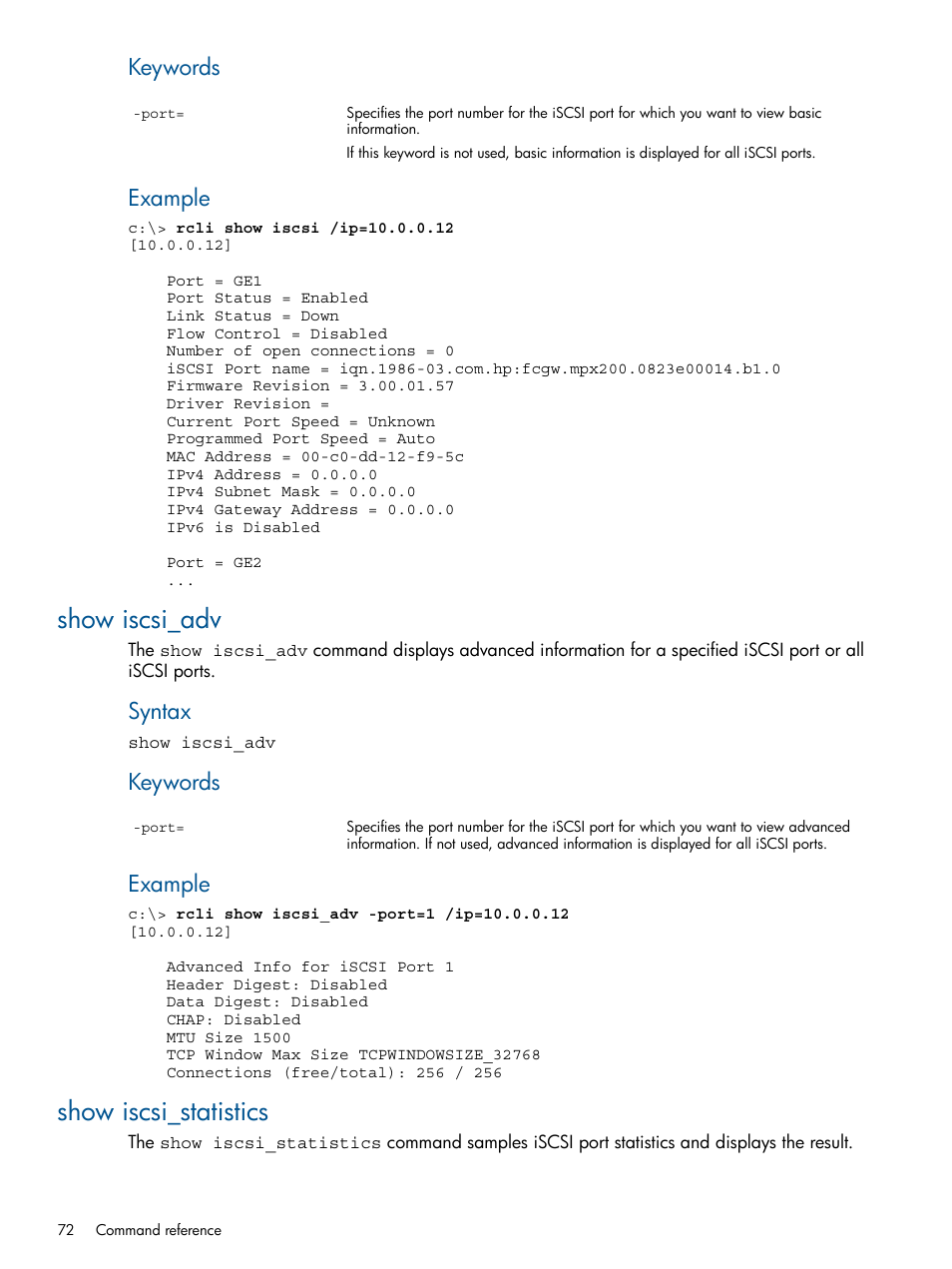 Show iscsi_adv, Show iscsi_statistics, Show iscsi_adv show iscsi_statistics | Keywords, Example, Syntax | HP MPX200 Multifunction Router User Manual | Page 72 / 120