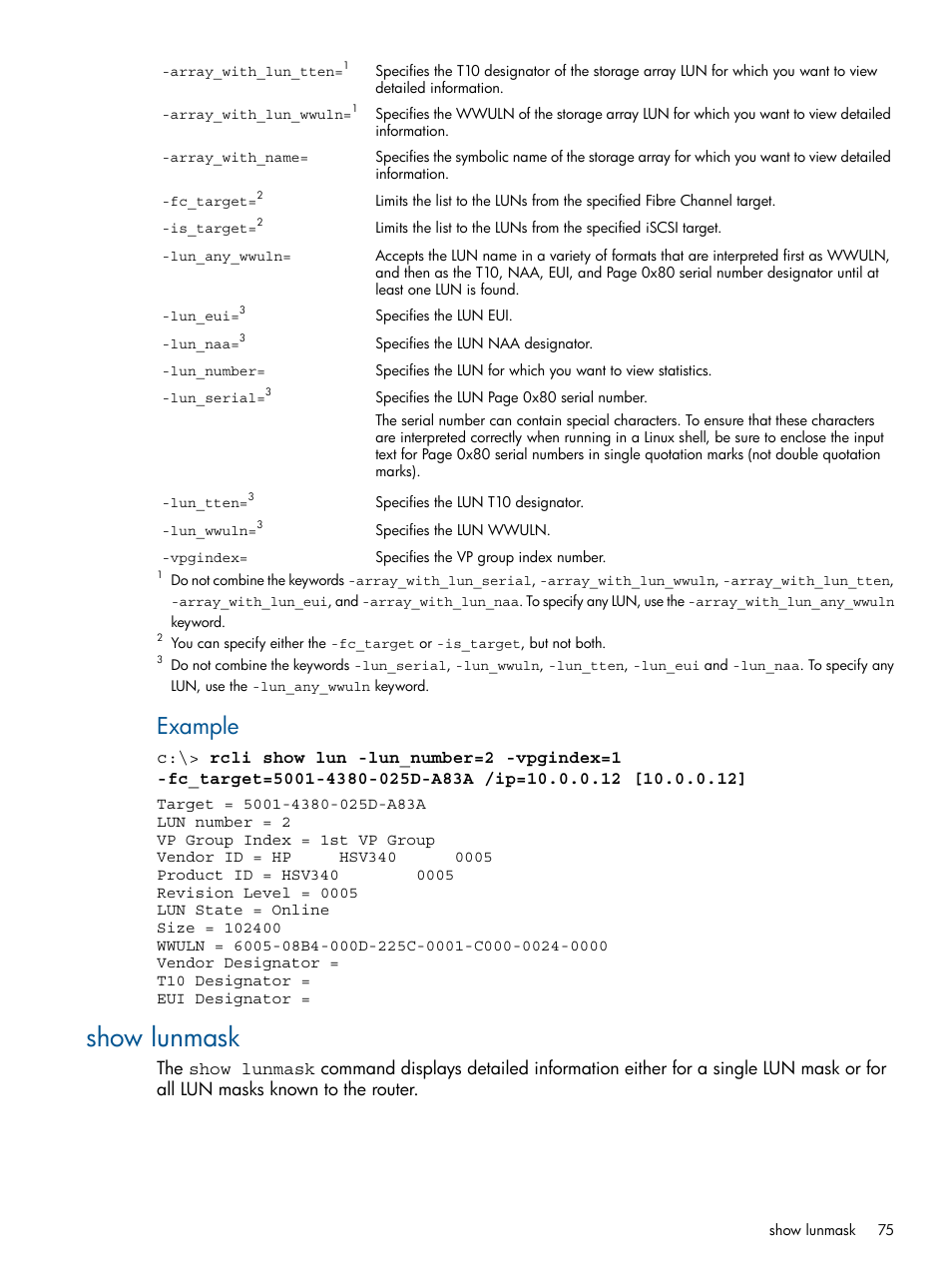 Show lunmask, Example | HP MPX200 Multifunction Router User Manual | Page 75 / 120