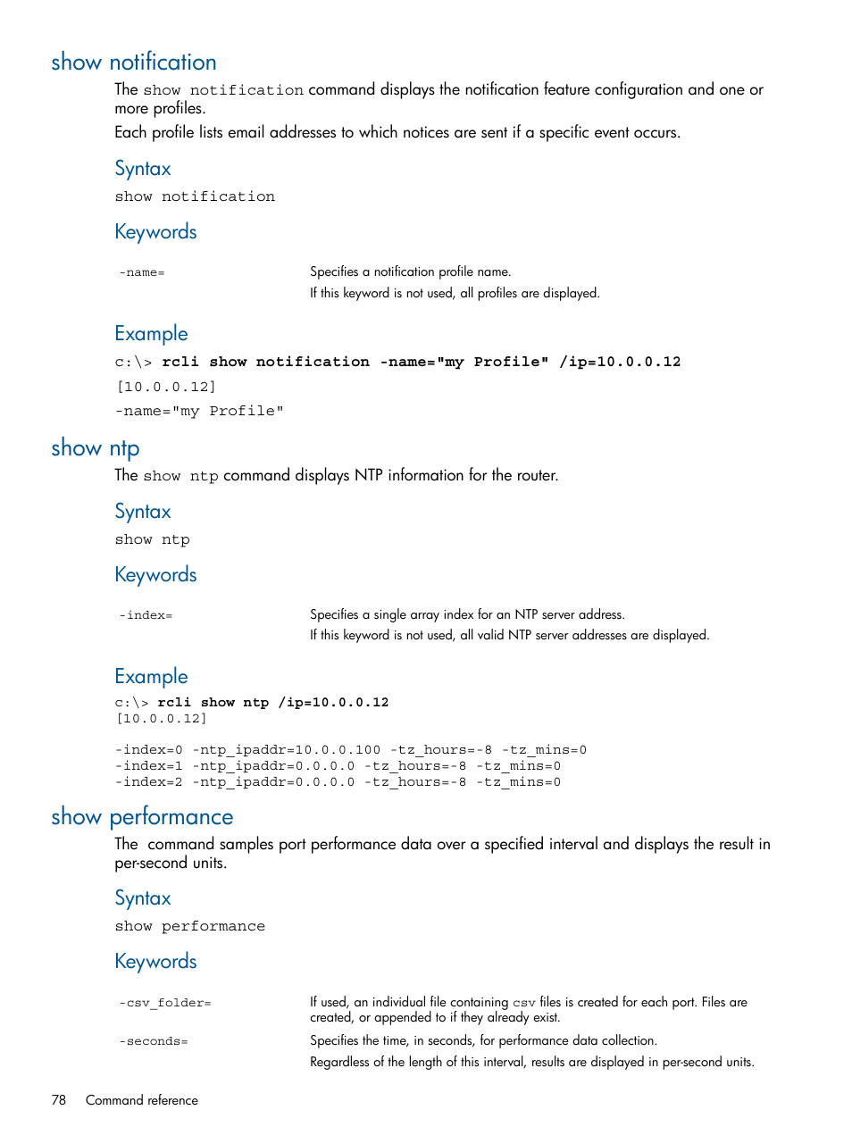 Show notification, Show ntp, Show performance | Show notification show ntp show performance, Syntax, Keywords, Example | HP MPX200 Multifunction Router User Manual | Page 78 / 120
