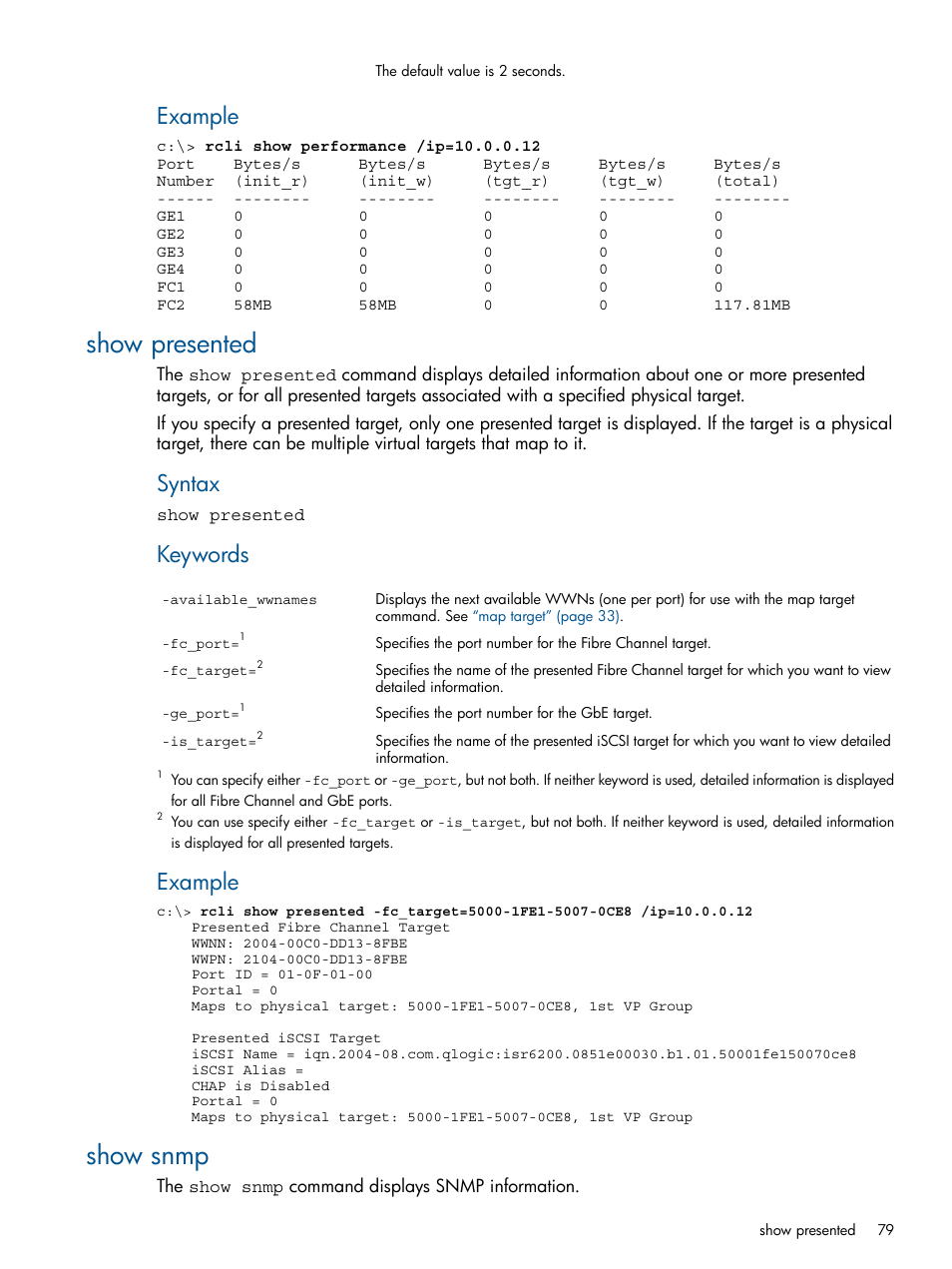 Show presented, Show snmp, Show presented show snmp | Example, Syntax, Keywords | HP MPX200 Multifunction Router User Manual | Page 79 / 120