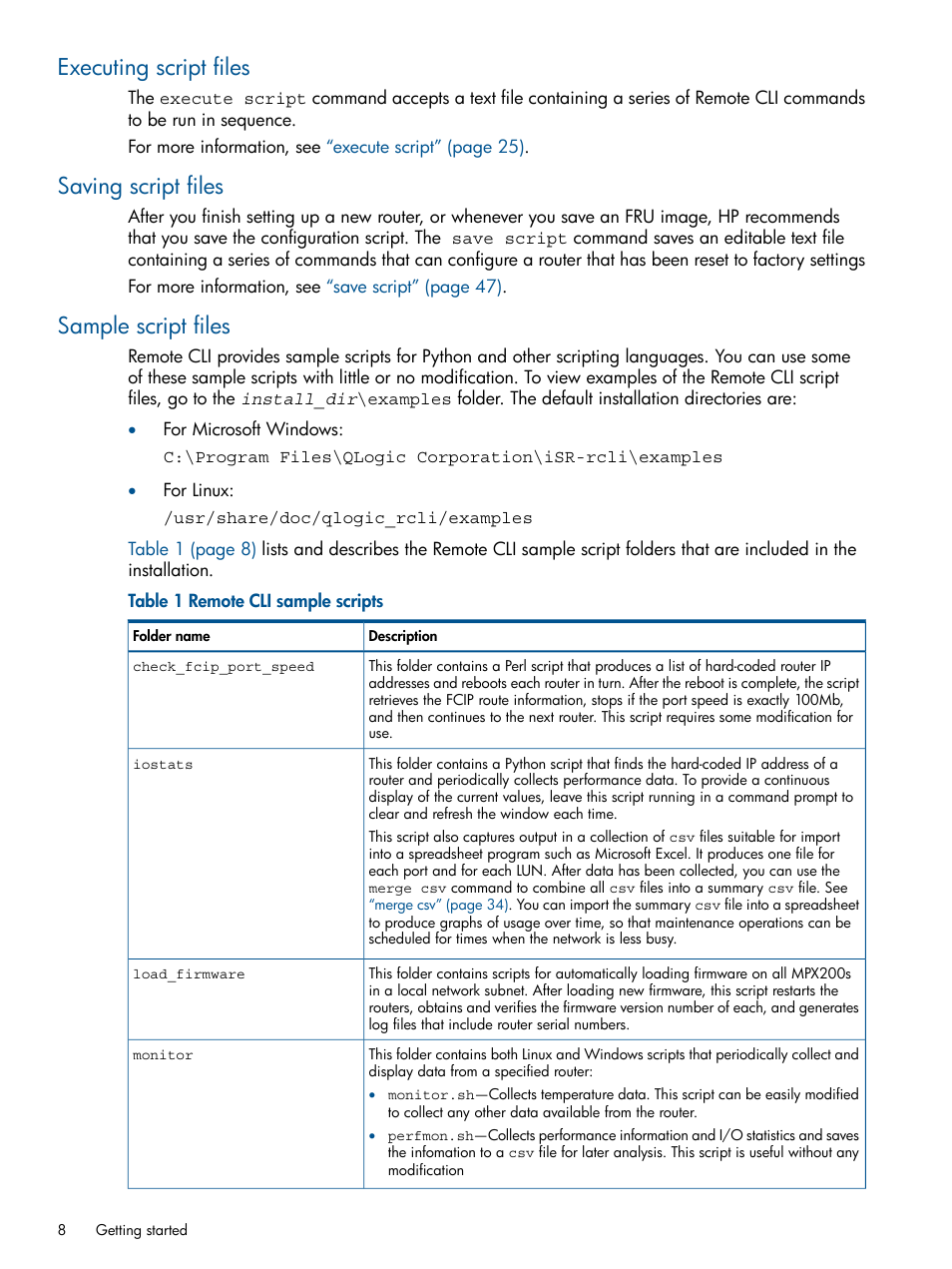 Executing script files, Saving script files, Sample script files | HP MPX200 Multifunction Router User Manual | Page 8 / 120
