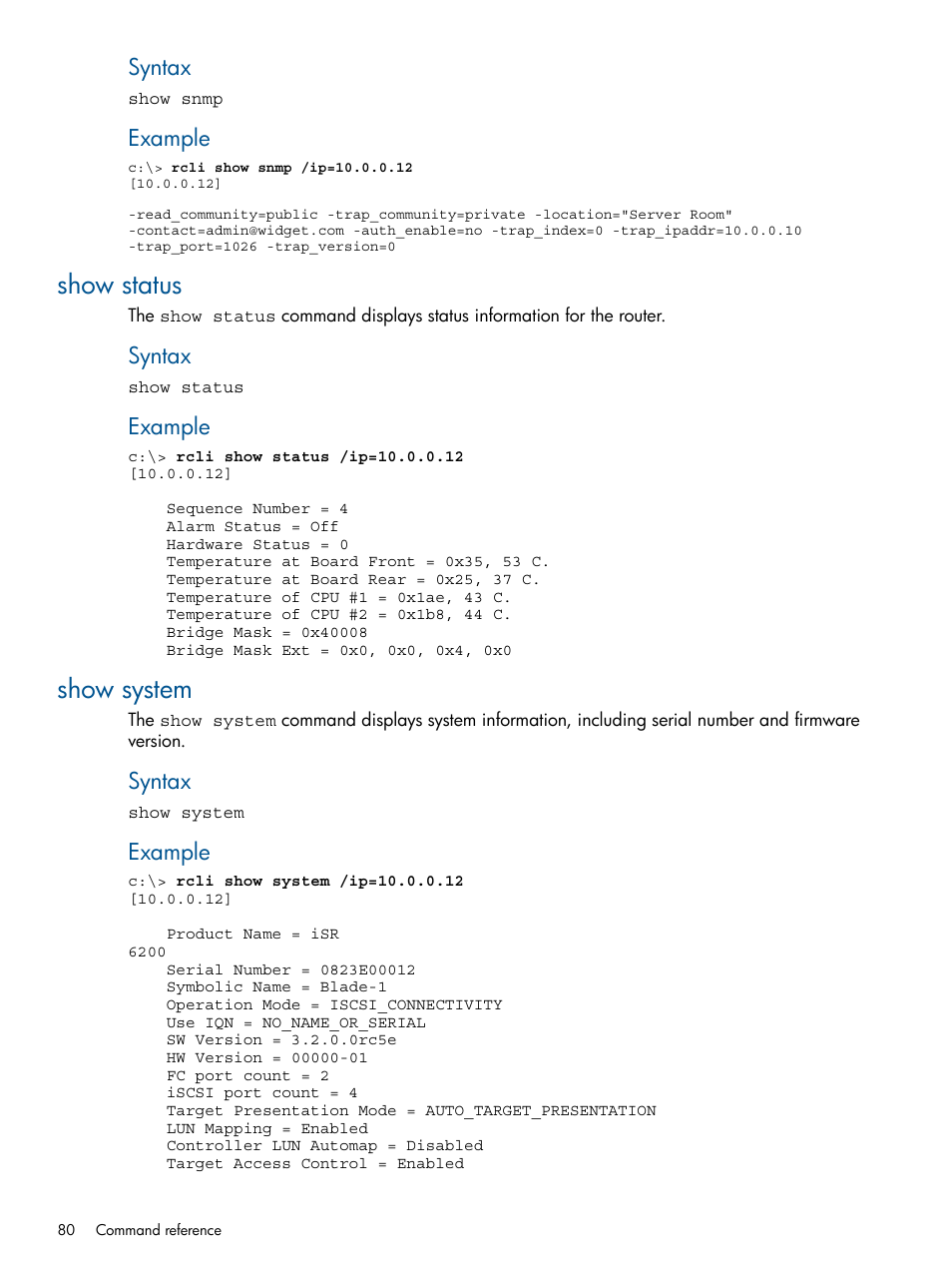 Show status, Show system, Show status show system | Syntax, Example | HP MPX200 Multifunction Router User Manual | Page 80 / 120