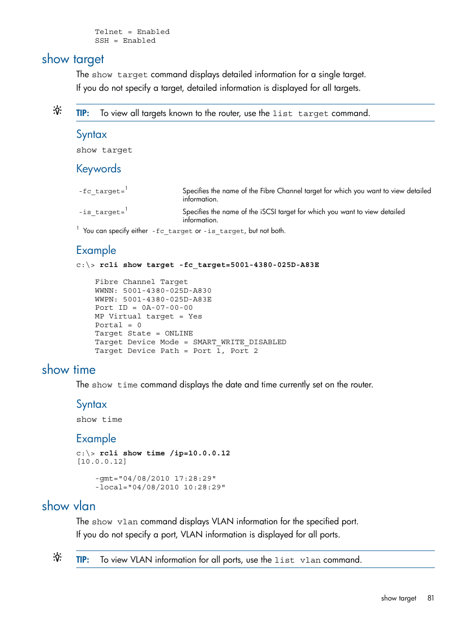 Show target, Show time, Show vlan | Show target show time show vlan, Syntax, Keywords, Example | HP MPX200 Multifunction Router User Manual | Page 81 / 120