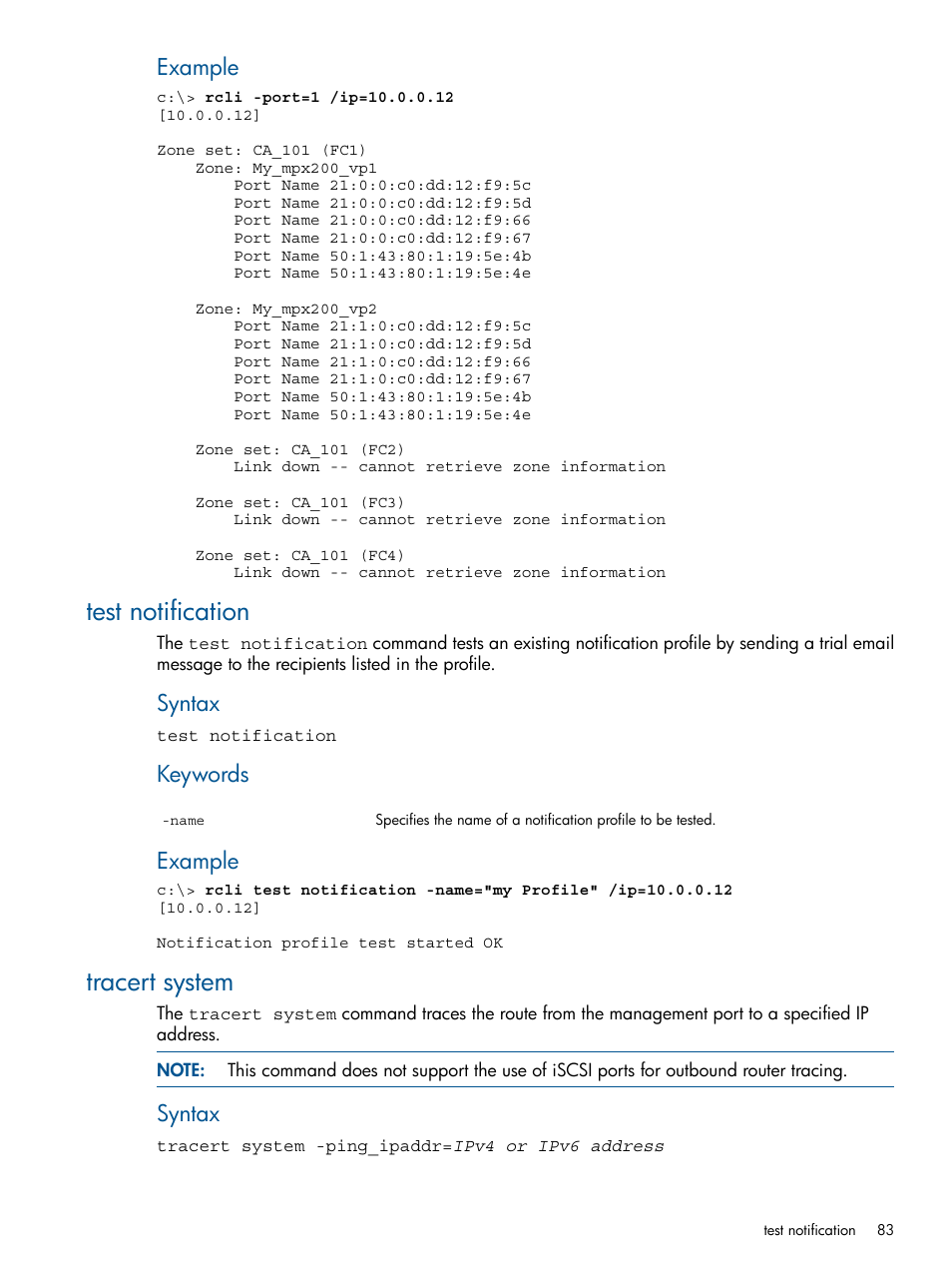 Test notification, Tracert system, Test notification tracert system | Example, Syntax, Keywords | HP MPX200 Multifunction Router User Manual | Page 83 / 120