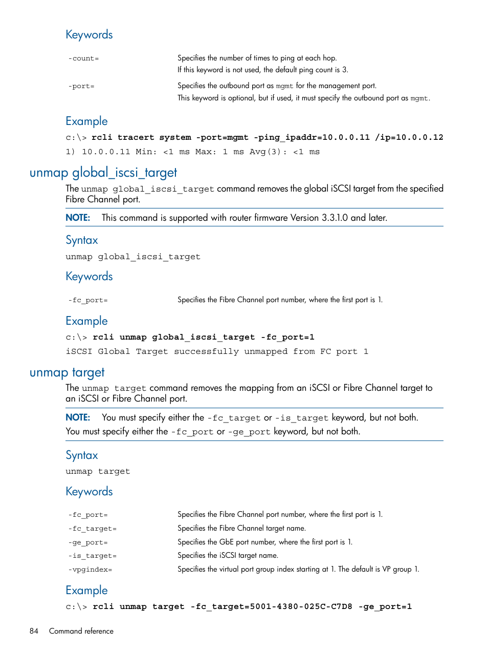 Unmap global_iscsi_target, Unmap target, Unmap global_iscsi_target unmap target | Keywords, Example, Syntax | HP MPX200 Multifunction Router User Manual | Page 84 / 120