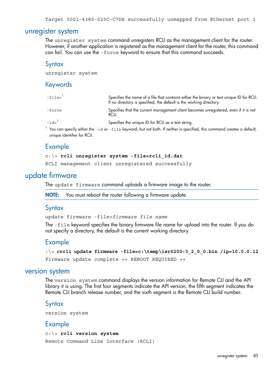 Unregister system, Update firmware, Version system | Unregister system update firmware version system, Syntax, Keywords, Example | HP MPX200 Multifunction Router User Manual | Page 85 / 120