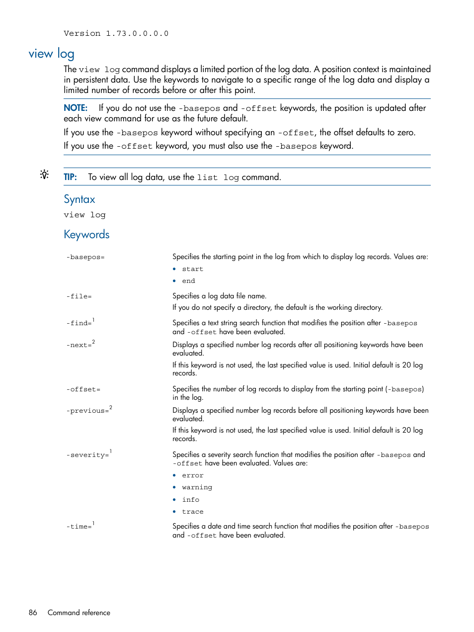 View log, Syntax, Keywords | HP MPX200 Multifunction Router User Manual | Page 86 / 120