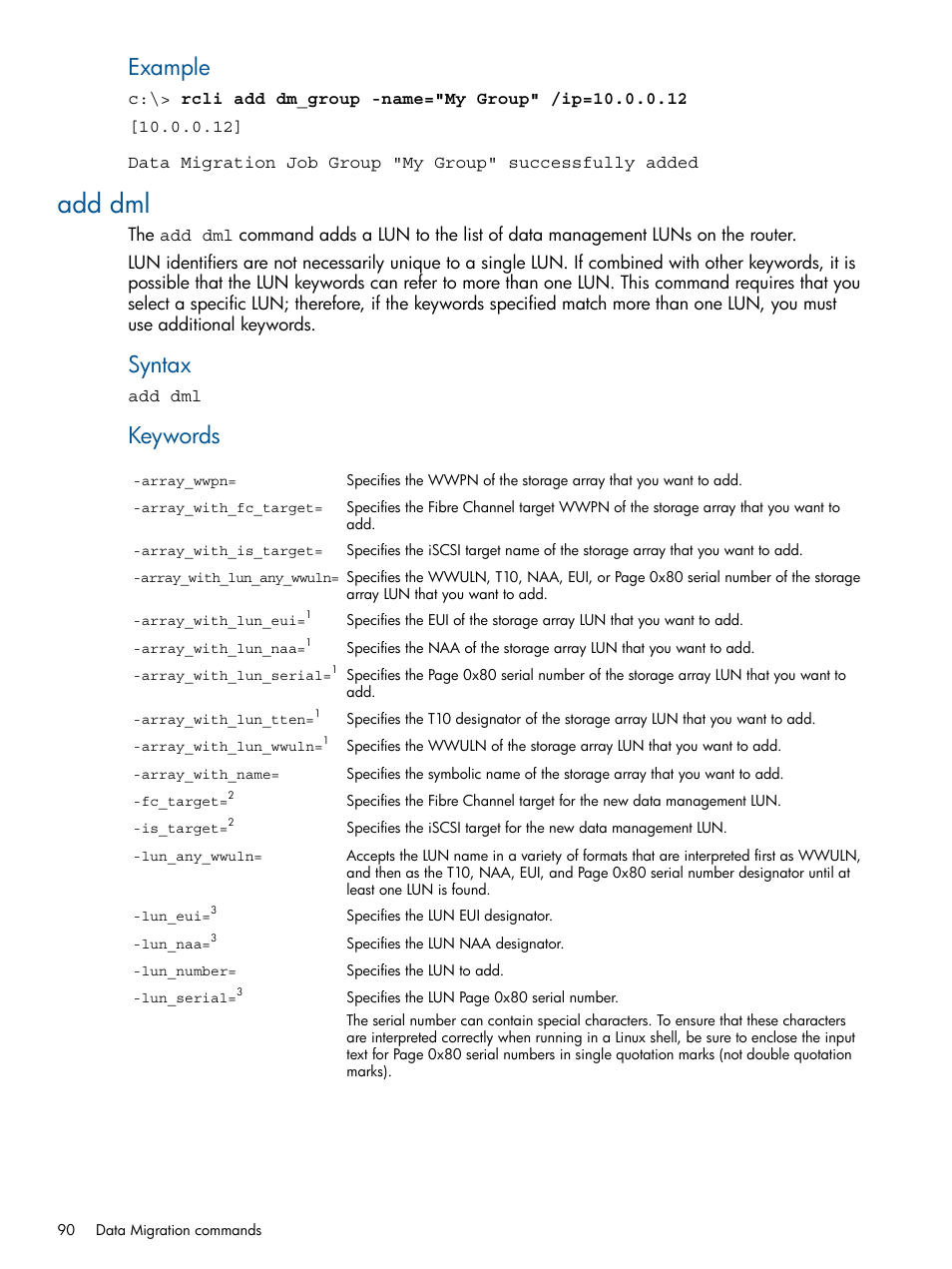 Add dml, Example, Syntax | Keywords | HP MPX200 Multifunction Router User Manual | Page 90 / 120