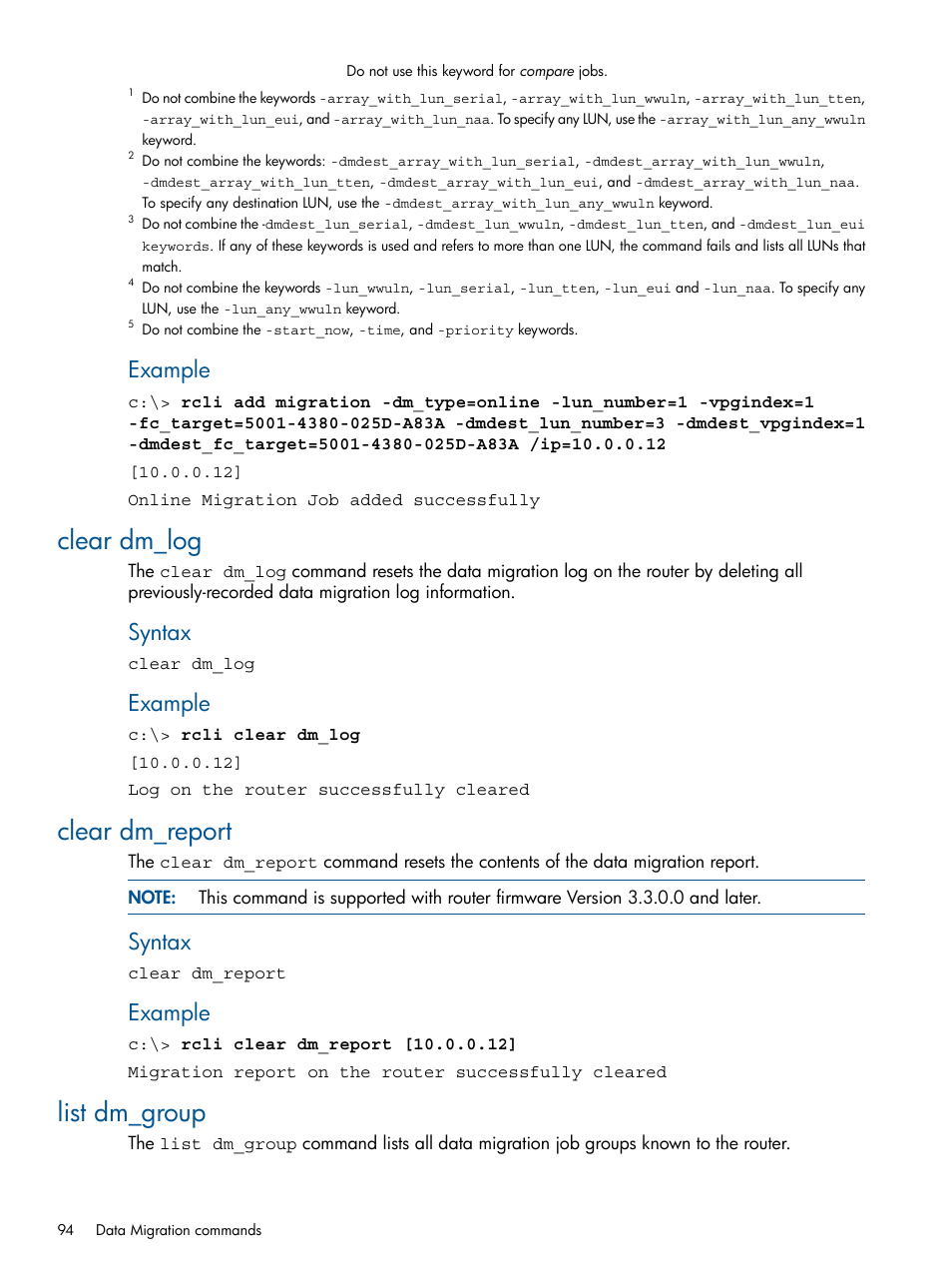 Clear dm_log, Clear dm_report, List dm_group | Clear dm_log clear dm_report list dm_group, Example, Syntax | HP MPX200 Multifunction Router User Manual | Page 94 / 120