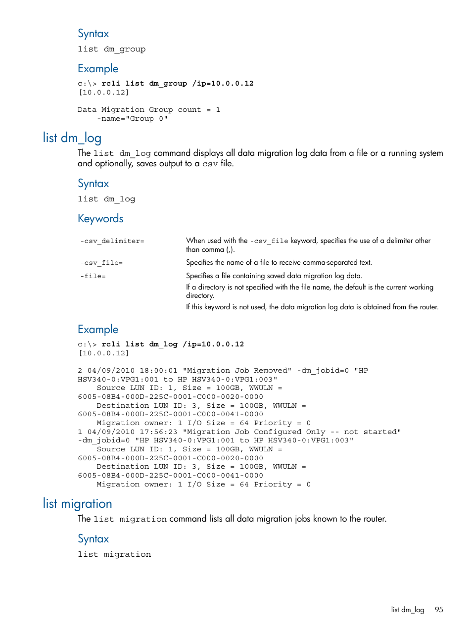 List dm_log, List migration, List dm_log list migration | Syntax, Example, Keywords | HP MPX200 Multifunction Router User Manual | Page 95 / 120