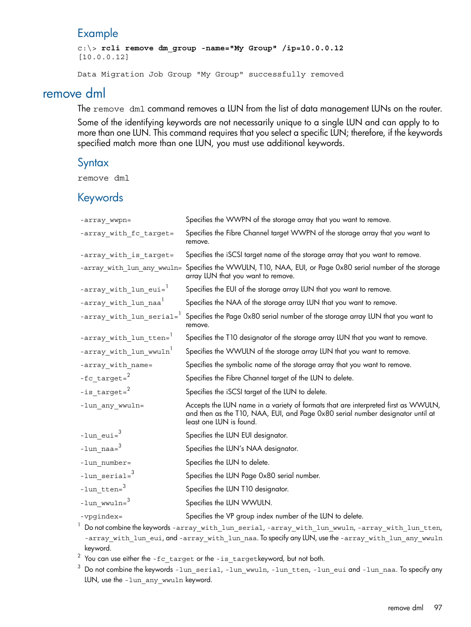 Remove dml, Example, Syntax | Keywords | HP MPX200 Multifunction Router User Manual | Page 97 / 120