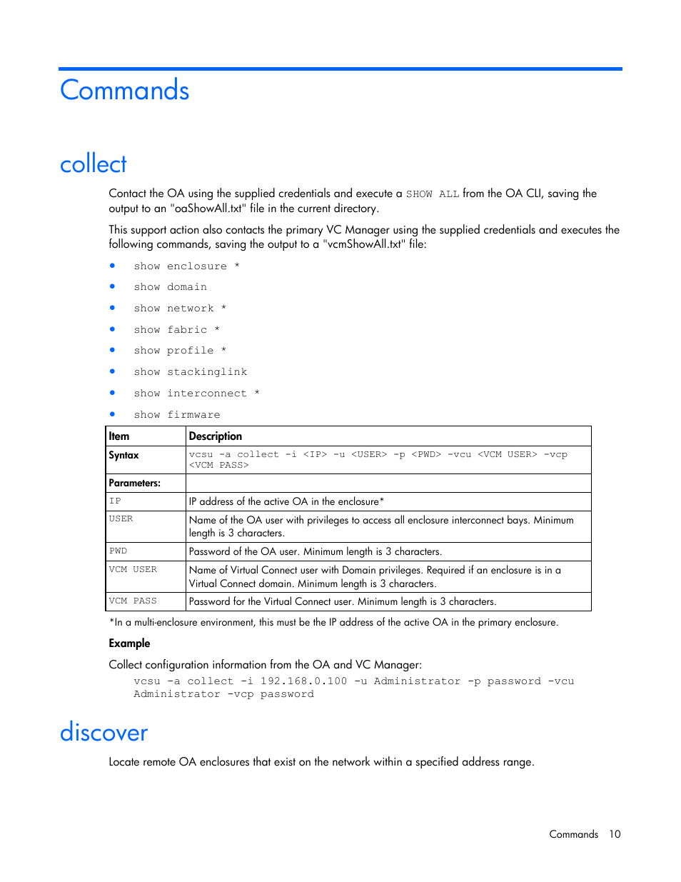 Commands, Collect, Discover | HP Virtual Connect 4Gb Fibre Channel Module for c-Class BladeSystem User Manual | Page 10 / 21