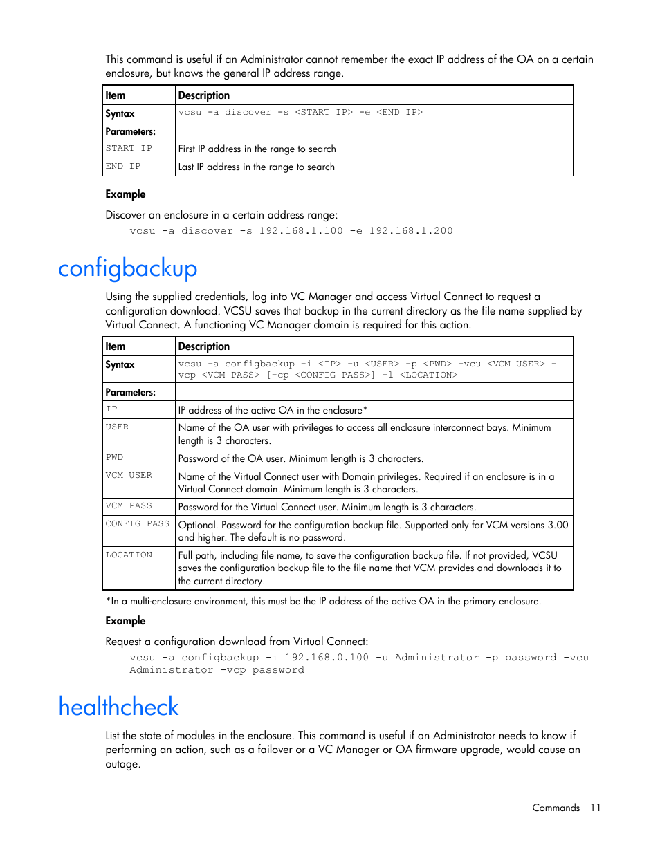 Configbackup, Healthcheck | HP Virtual Connect 4Gb Fibre Channel Module for c-Class BladeSystem User Manual | Page 11 / 21