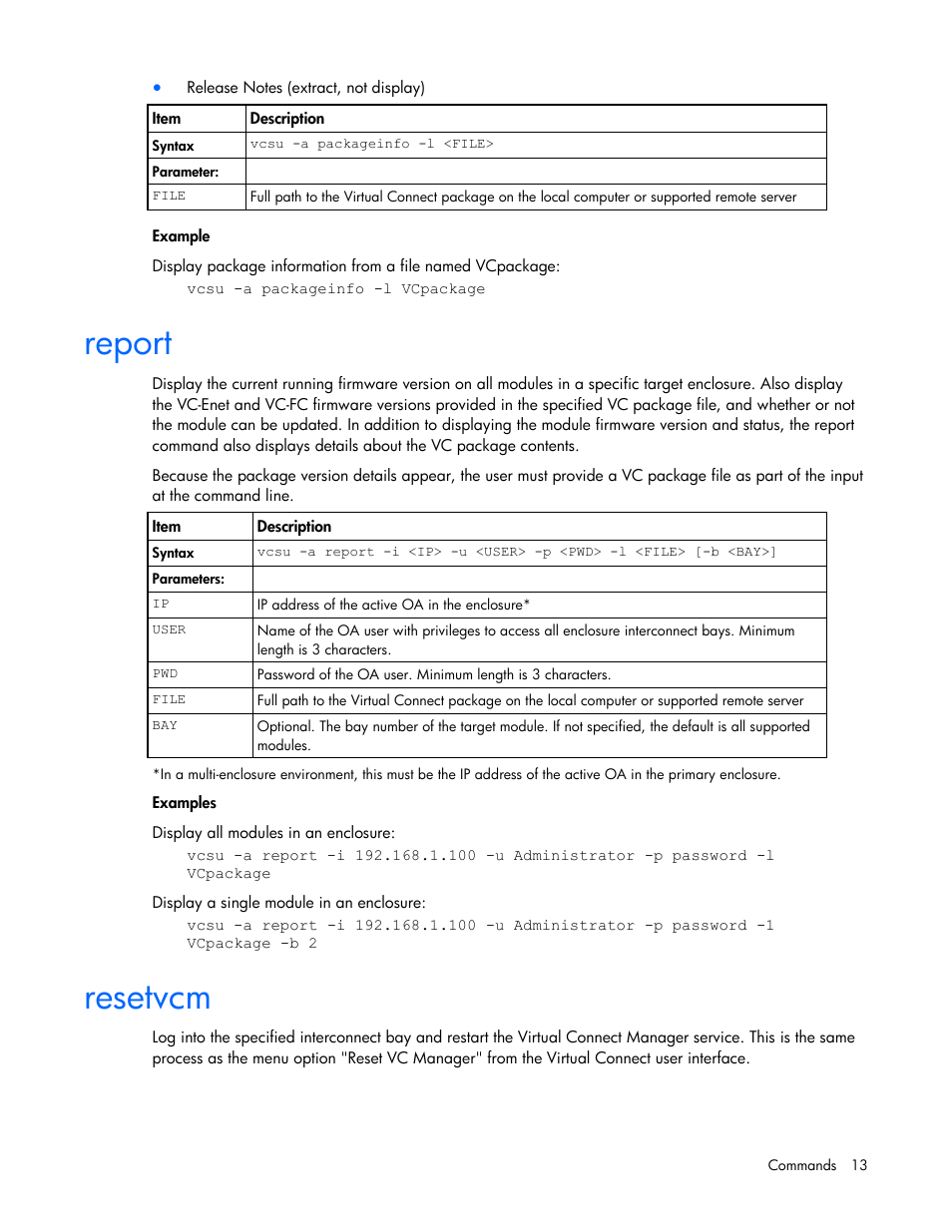 Report, Resetvcm | HP Virtual Connect 4Gb Fibre Channel Module for c-Class BladeSystem User Manual | Page 13 / 21