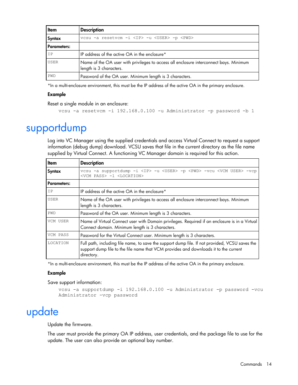 Supportdump, Update | HP Virtual Connect 4Gb Fibre Channel Module for c-Class BladeSystem User Manual | Page 14 / 21