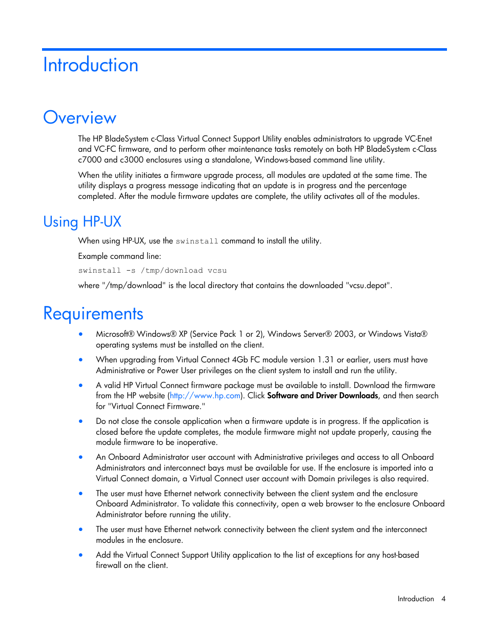 Introduction, Overview, Using hp-ux | Requirements | HP Virtual Connect 4Gb Fibre Channel Module for c-Class BladeSystem User Manual | Page 4 / 21