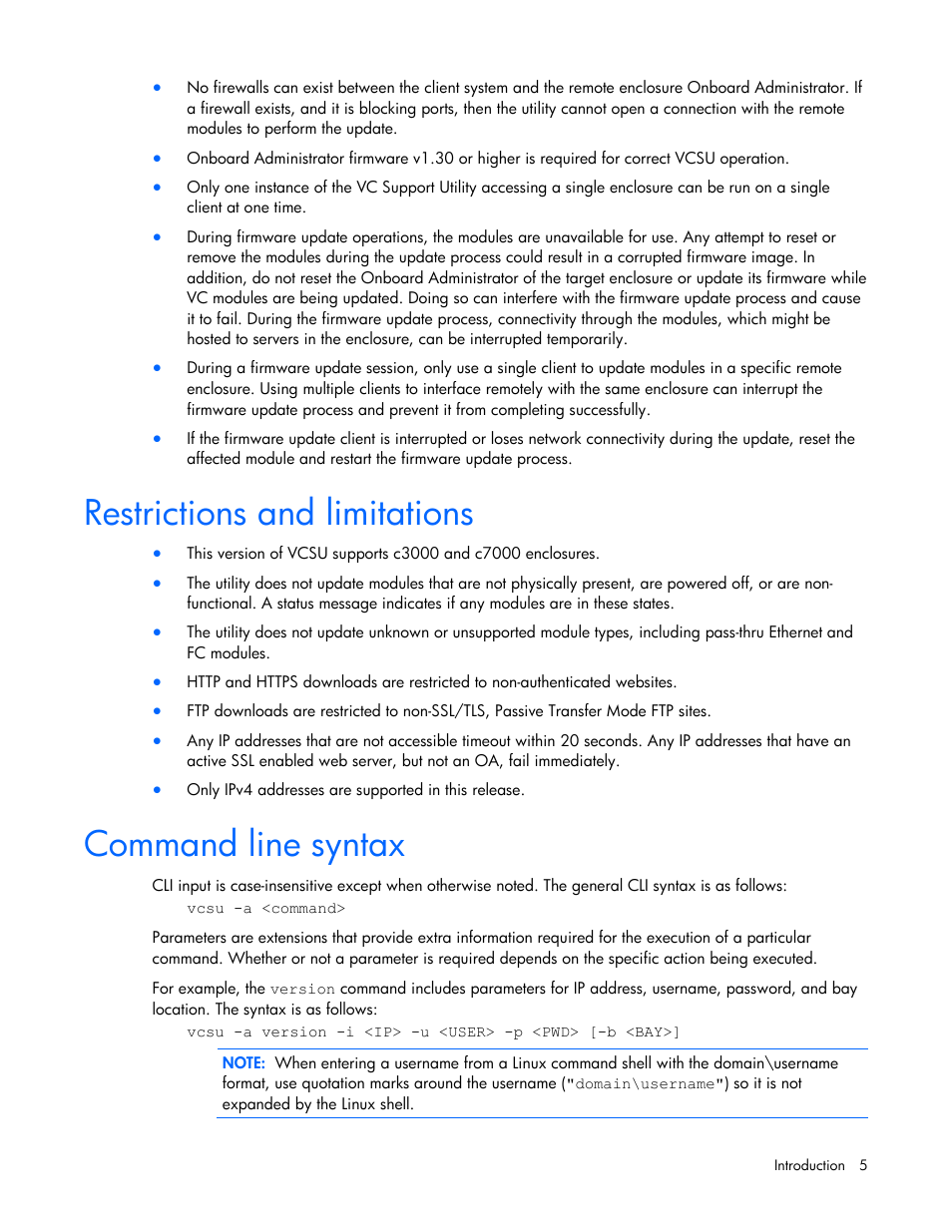 Restrictions and limitations, Command line syntax | HP Virtual Connect 4Gb Fibre Channel Module for c-Class BladeSystem User Manual | Page 5 / 21