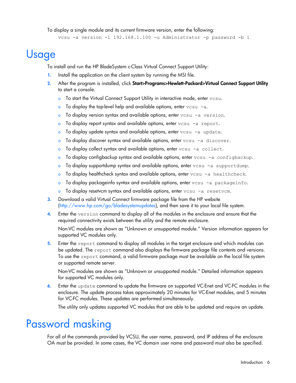 Usage, Password masking | HP Virtual Connect 4Gb Fibre Channel Module for c-Class BladeSystem User Manual | Page 6 / 21