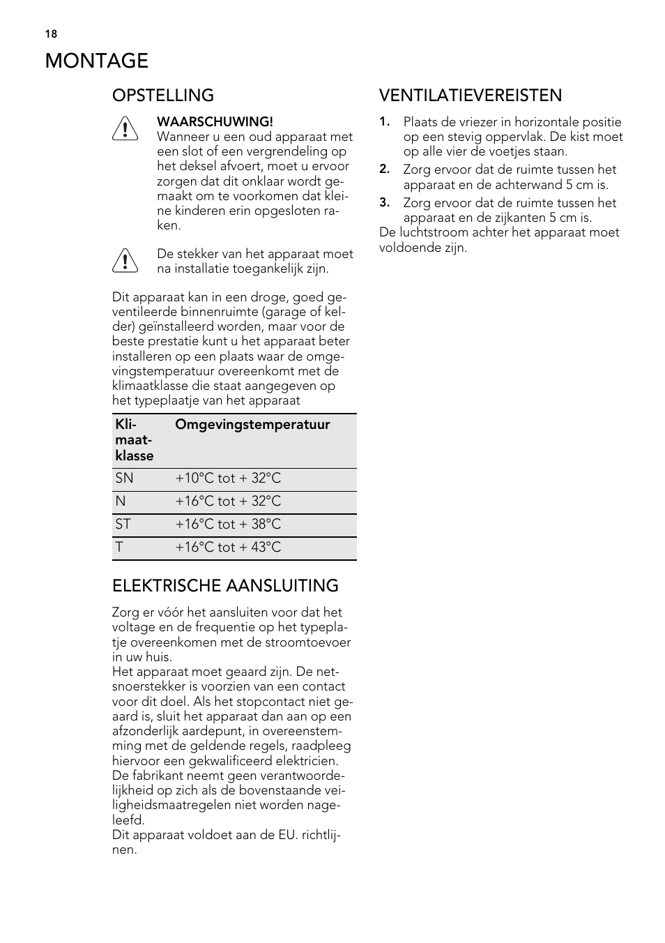 Montage, Opstelling, Elektrische aansluiting | Ventilatievereisten | AEG A62300HLW0 User Manual | Page 18 / 84