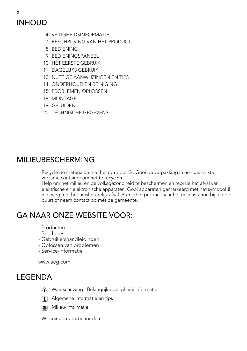 Inhoud, Milieubescherming, Ga naar onze website voor | Legenda | AEG A62300HLW0 User Manual | Page 2 / 84