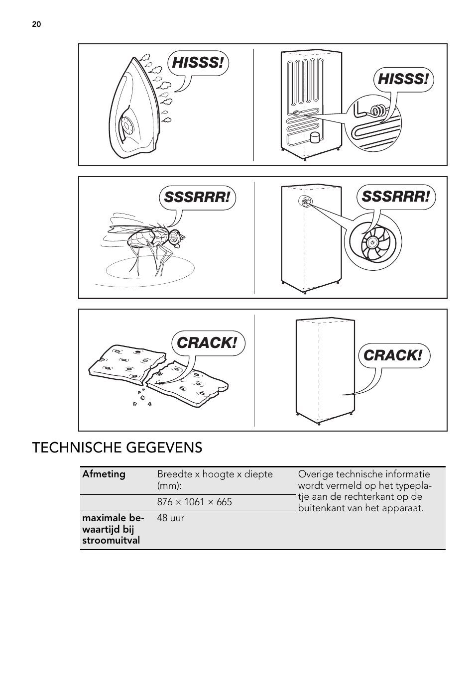 Hisss, Sssrrr, Crack | Technische gegevens | AEG A62300HLW0 User Manual | Page 20 / 84