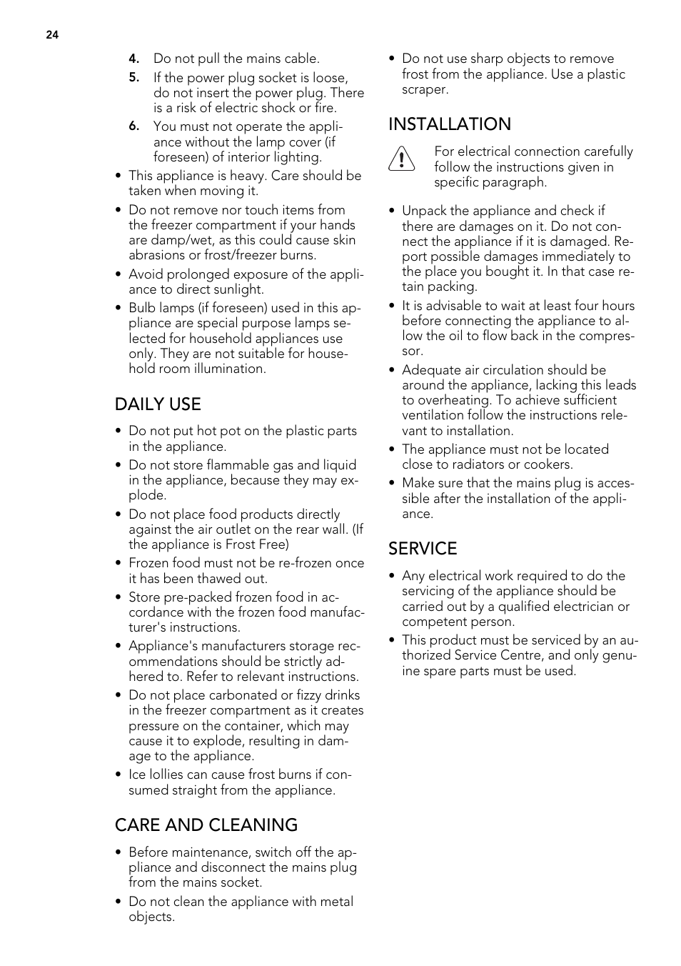 Daily use, Care and cleaning, Installation | Service | AEG A62300HLW0 User Manual | Page 24 / 84