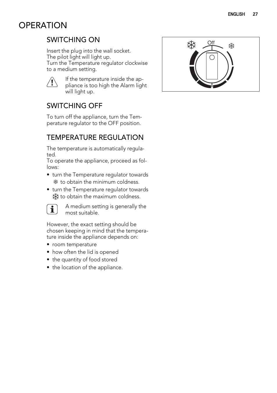 Operation, Switching on, Switching off | Temperature regulation | AEG A62300HLW0 User Manual | Page 27 / 84