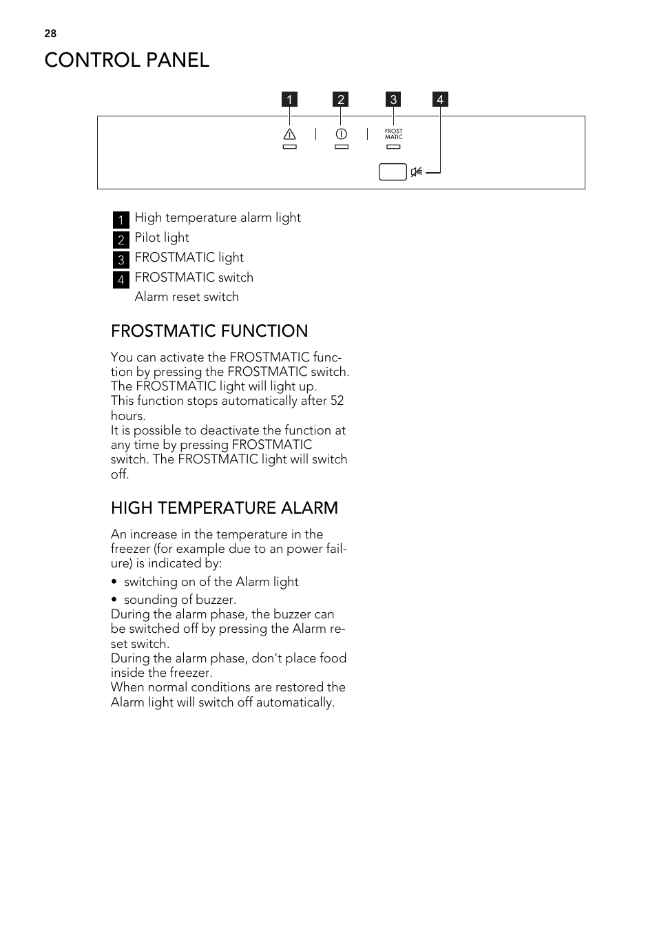 Control panel, Frostmatic function, High temperature alarm | AEG A62300HLW0 User Manual | Page 28 / 84