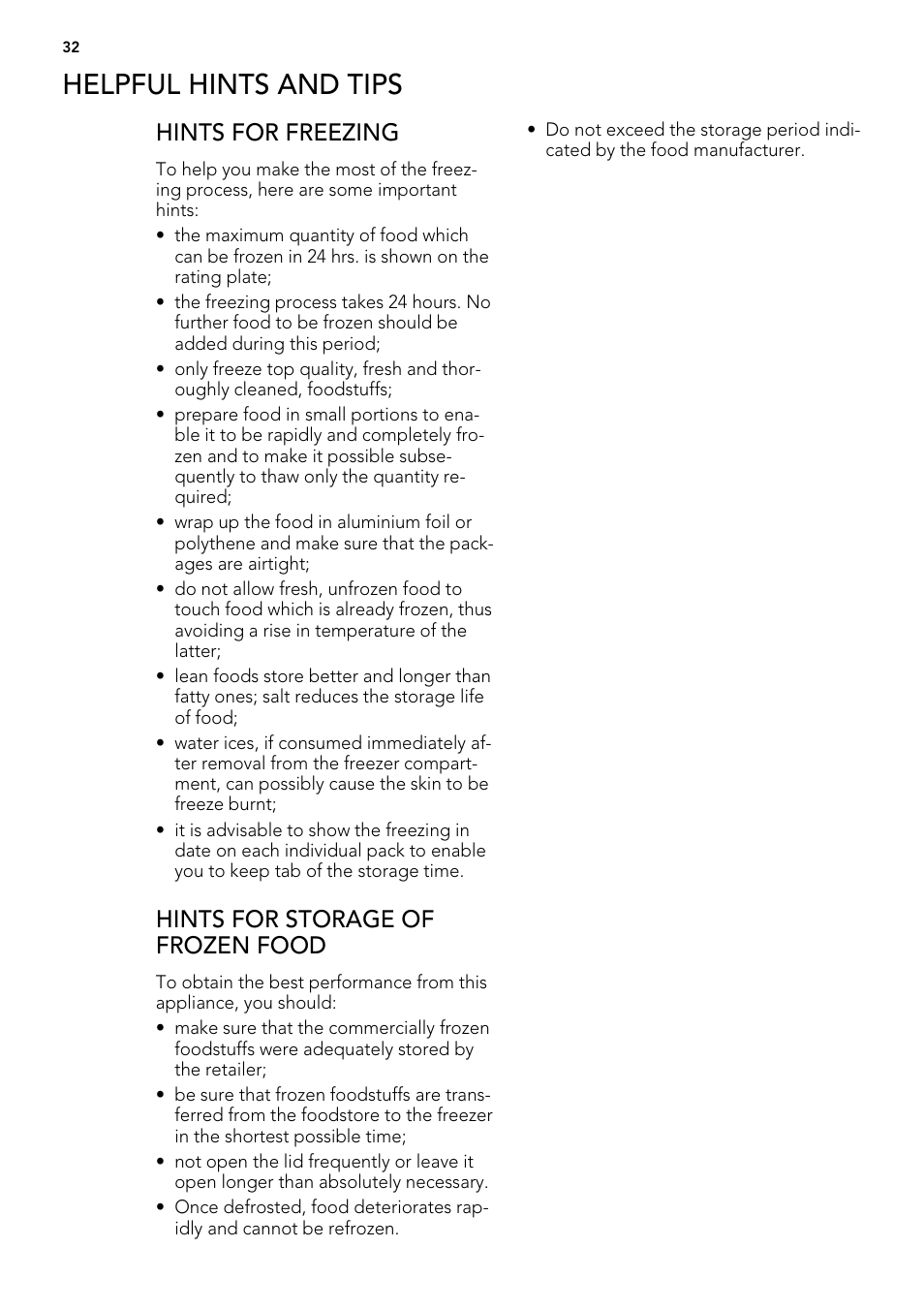 Helpful hints and tips, Hints for freezing, Hints for storage of frozen food | AEG A62300HLW0 User Manual | Page 32 / 84