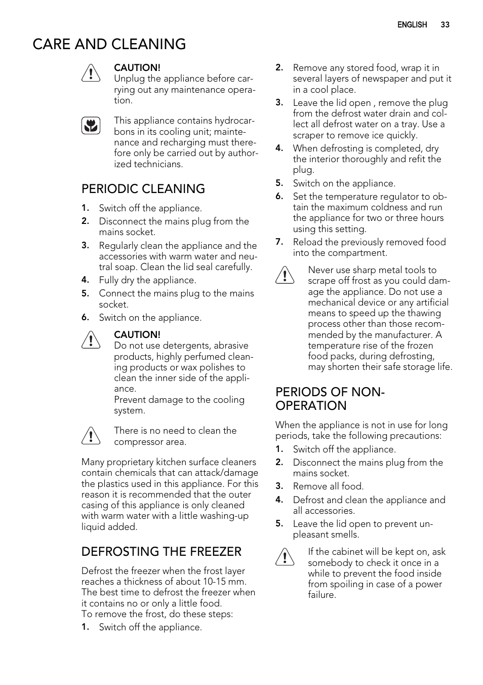 Care and cleaning, Periodic cleaning, Defrosting the freezer | Periods of non- operation | AEG A62300HLW0 User Manual | Page 33 / 84