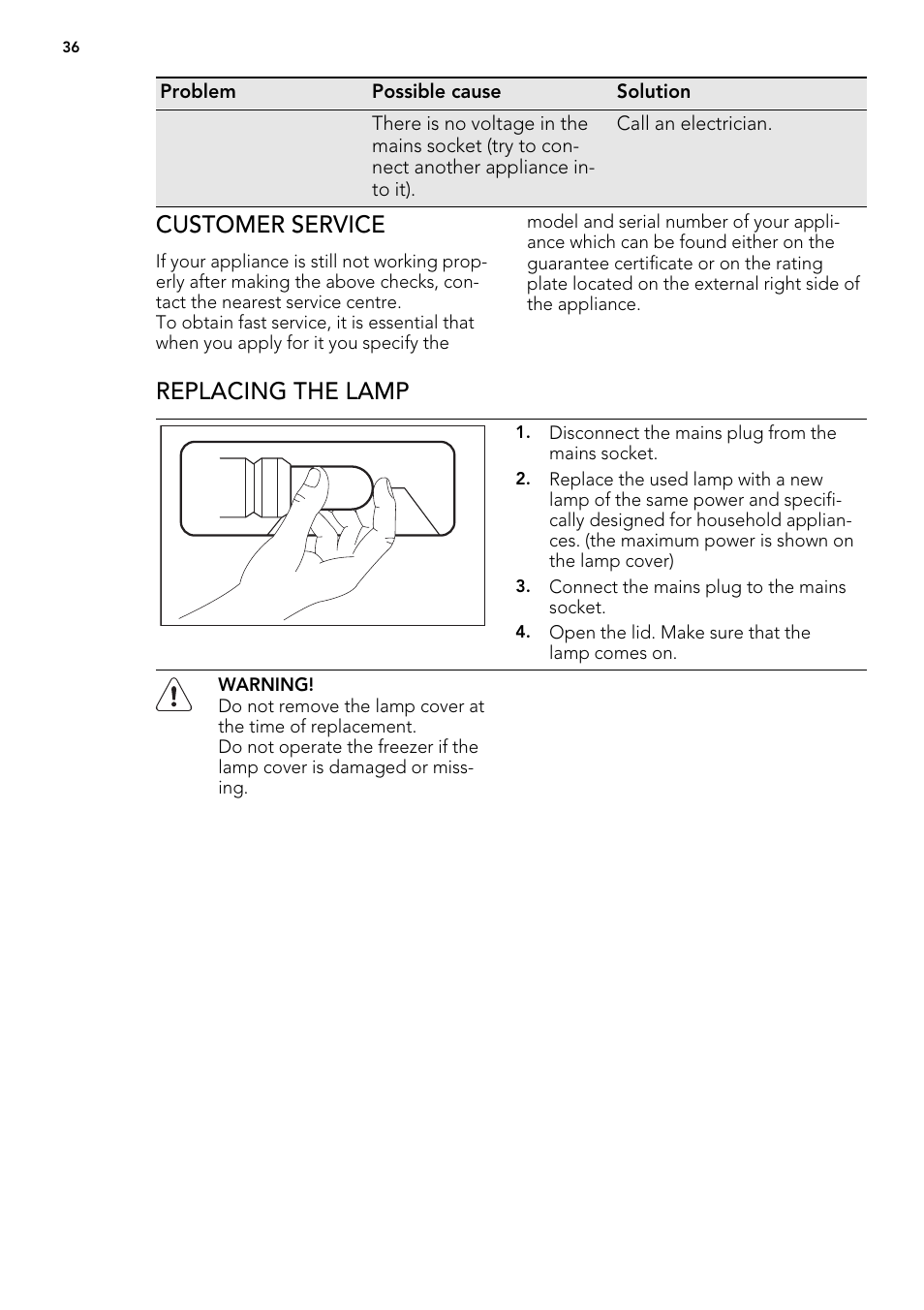 Customer service, Replacing the lamp | AEG A62300HLW0 User Manual | Page 36 / 84