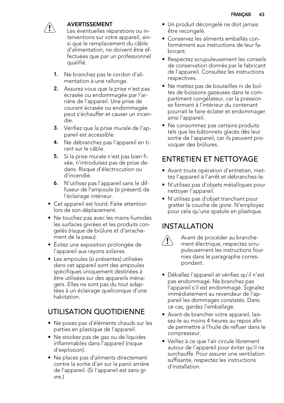 Utilisation quotidienne, Entretien et nettoyage, Installation | AEG A62300HLW0 User Manual | Page 43 / 84