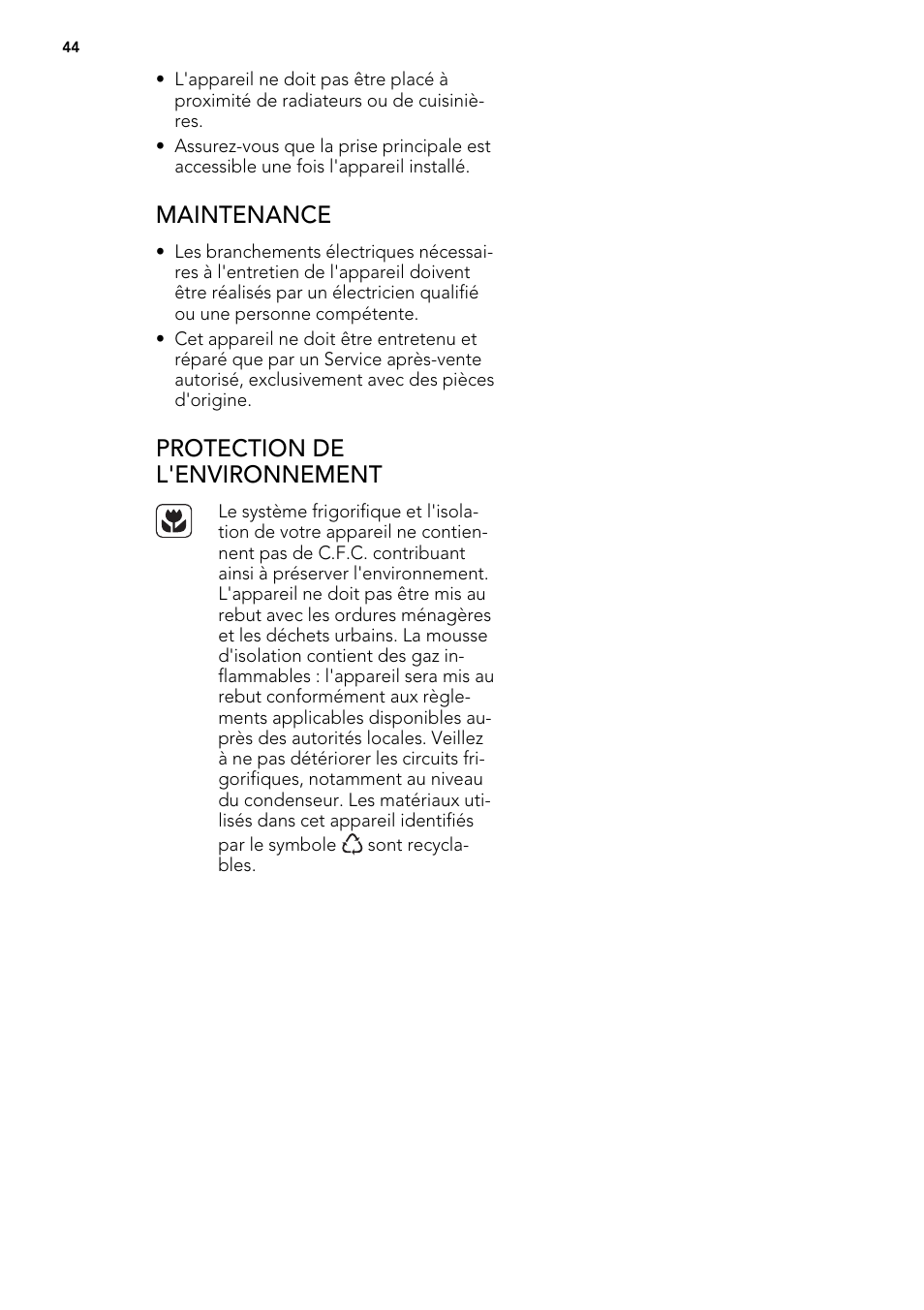 Maintenance, Protection de l'environnement | AEG A62300HLW0 User Manual | Page 44 / 84