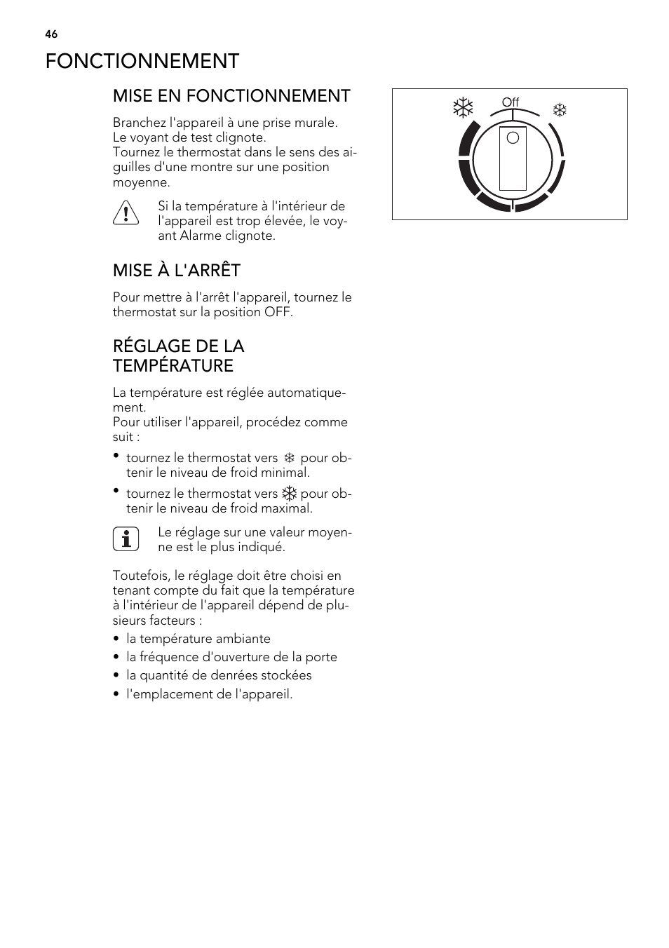 Fonctionnement, Mise en fonctionnement, Mise à l'arrêt | Réglage de la température | AEG A62300HLW0 User Manual | Page 46 / 84