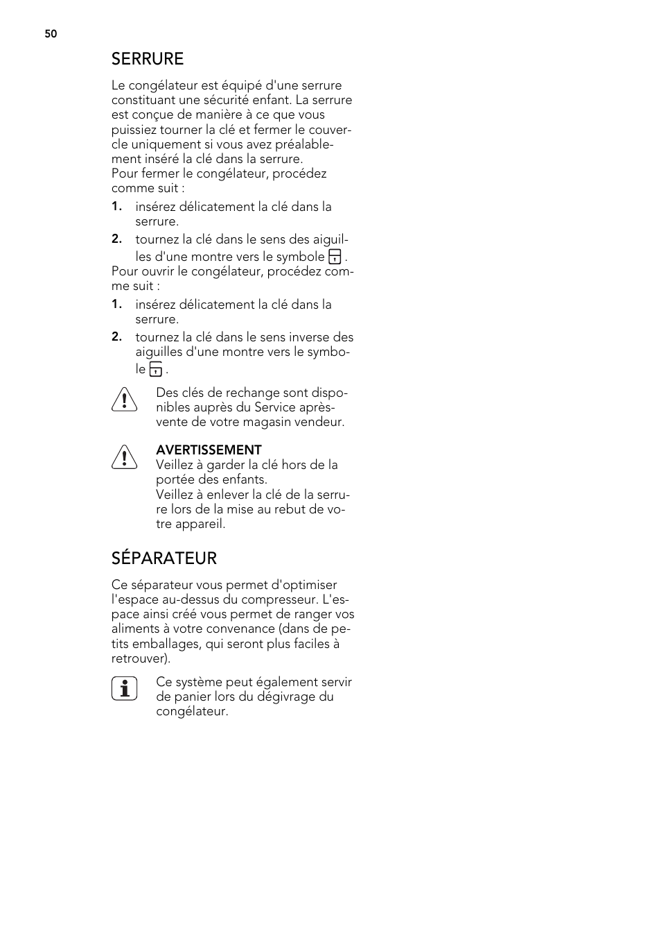 Serrure, Séparateur | AEG A62300HLW0 User Manual | Page 50 / 84