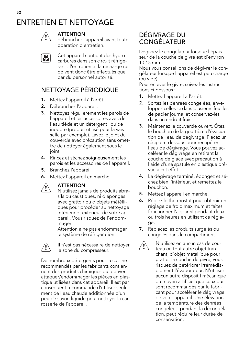 Entretien et nettoyage, Nettoyage périodique, Dégivrage du congélateur | AEG A62300HLW0 User Manual | Page 52 / 84