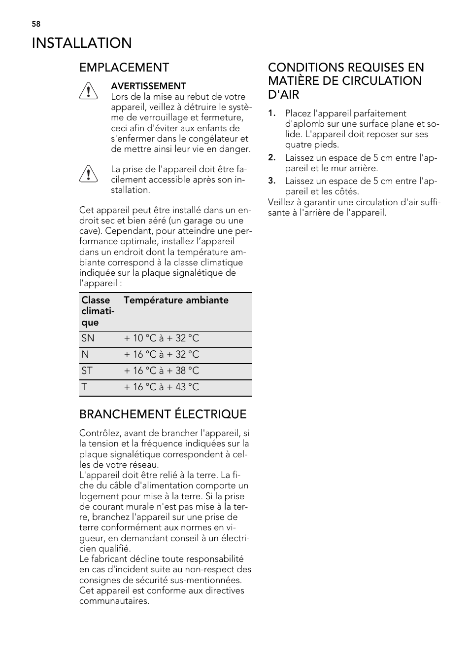 Installation, Emplacement, Branchement électrique | AEG A62300HLW0 User Manual | Page 58 / 84
