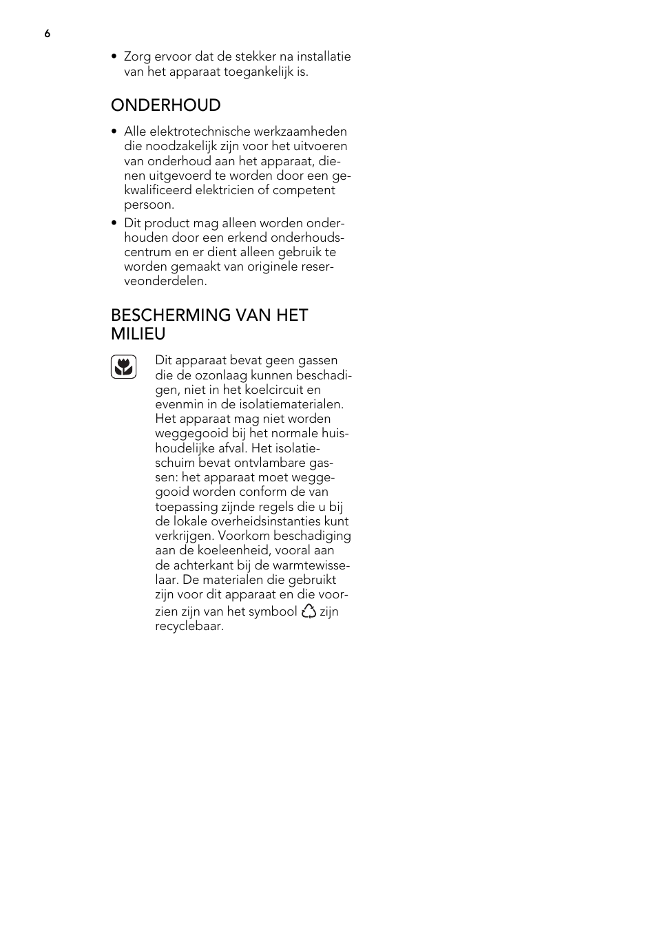 Onderhoud, Bescherming van het milieu | AEG A62300HLW0 User Manual | Page 6 / 84