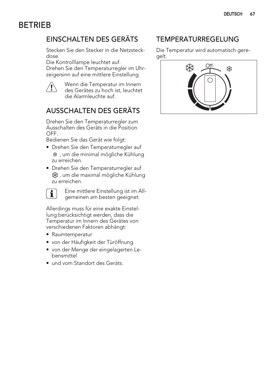 Betrieb, Einschalten des geräts, Ausschalten des geräts | Temperaturregelung | AEG A62300HLW0 User Manual | Page 67 / 84