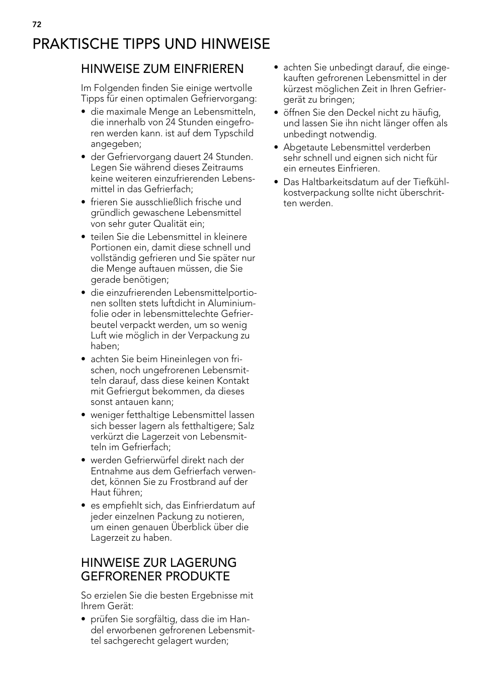 Praktische tipps und hinweise, Hinweise zum einfrieren, Hinweise zur lagerung gefrorener produkte | AEG A62300HLW0 User Manual | Page 72 / 84