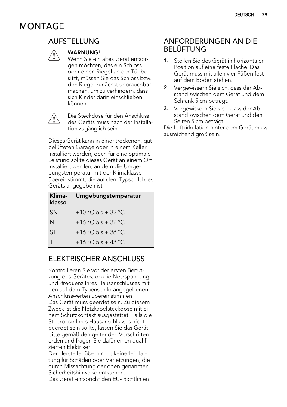 Montage, Aufstellung, Elektrischer anschluss | Anforderungen an die belüftung | AEG A62300HLW0 User Manual | Page 79 / 84