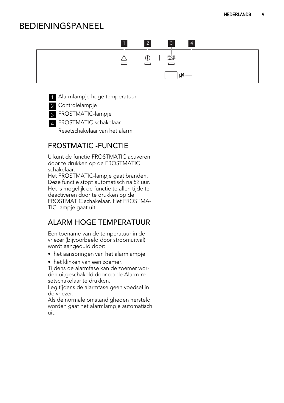 Bedieningspaneel, Frostmatic -functie, Alarm hoge temperatuur | AEG A62300HLW0 User Manual | Page 9 / 84