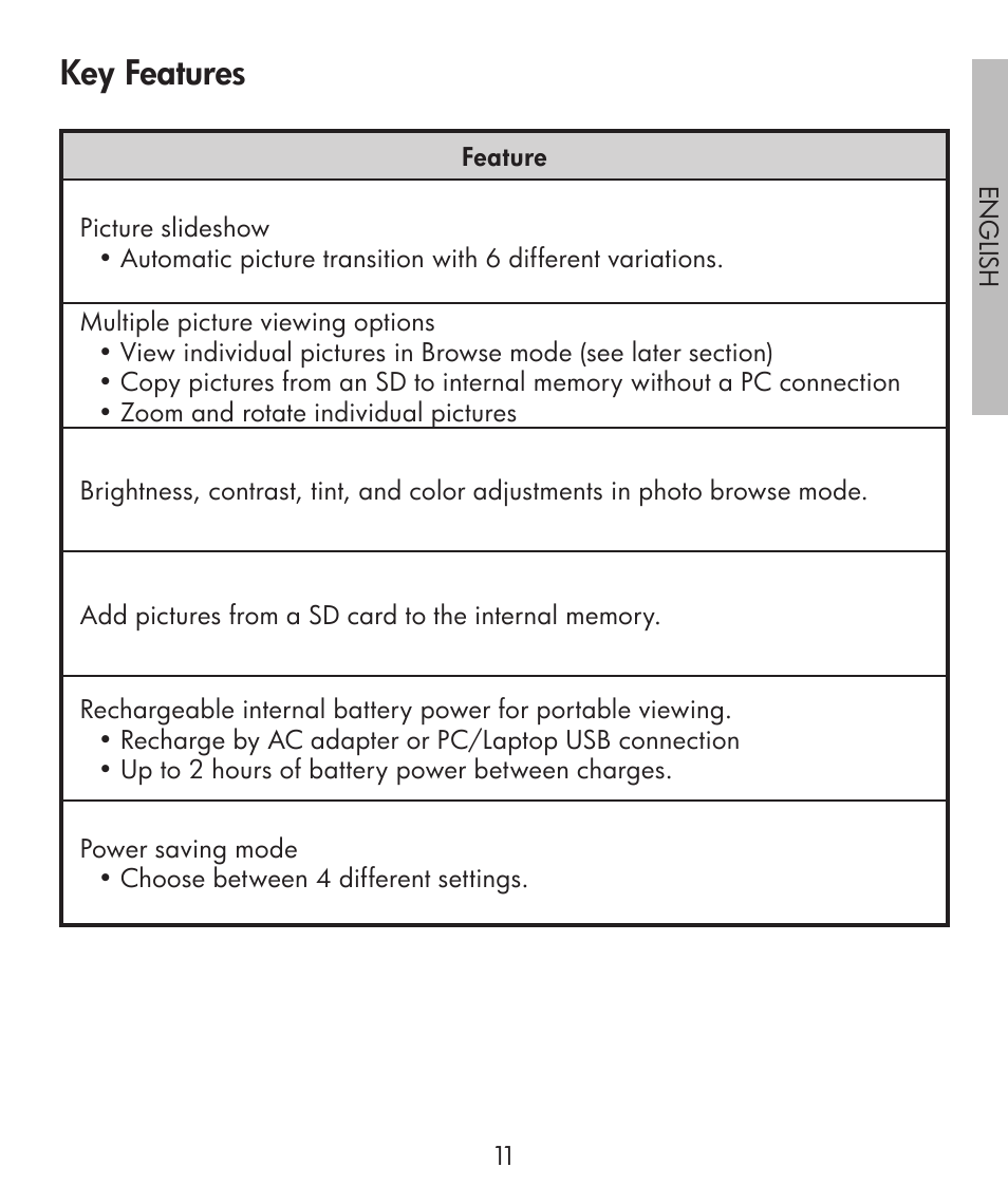 Key features | HP df300 Digital Picture Frame User Manual | Page 11 / 58